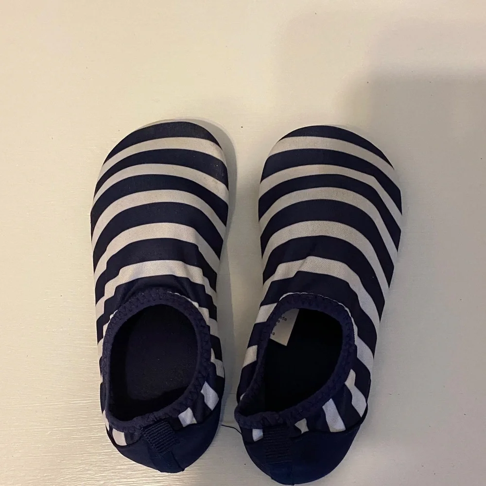 Blue and white stripe slippers, size 9 or 10